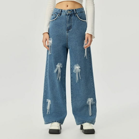 ClodeEU Women's Wide Leg Jeans With Cute Bow,Mid Waist Denim Pants,Loose Fashion Jeans Dark Blue,Womens Plus S