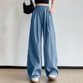 thumbnail image 1 of ClodeEU Women's Wide Leg Pants,Stretchy High Waisted Pants, Loose Fit Casual Trousers Drawstring with Pocket Blue,Womens Plus M, 1 of 5