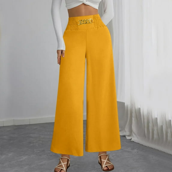 ClodeEU Women's Wide Leg Pants With Chain ,Elastic High Waist Loose Fit Casual Trousers Orange,Womens Plus XL