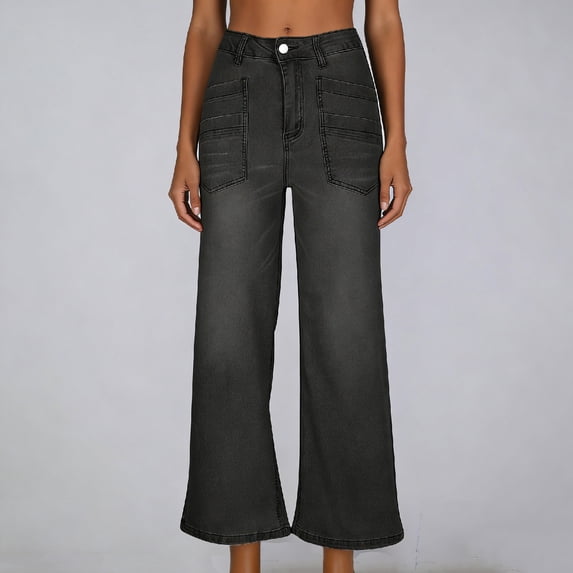 ClodeEU Women's Wide Leg Straight Cropped Jeans ,Slimming Casual Denim Ankle Pants Black,Womens Plus L