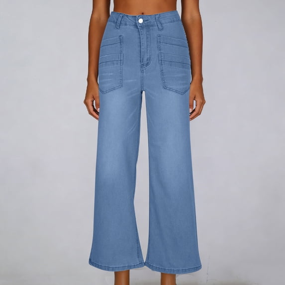 ClodeEU Women's Wide Leg Straight Cropped Jeans ,Slimming Casual Denim Ankle Pants Sky Blue,Womens Plus M