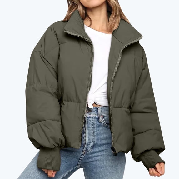 ClodeEU Women's Winter Cropped Puffer Jacket Coat ,Short Warm Quilted Jacket With Pockets Army Green,Womens Plus M