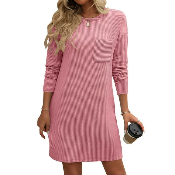 ClodeEU Women's Winter Dress Round Neck Twisted Rib Dress,Long Sleeves Loose Fit for Casual Fall Pink,Womens Plus S