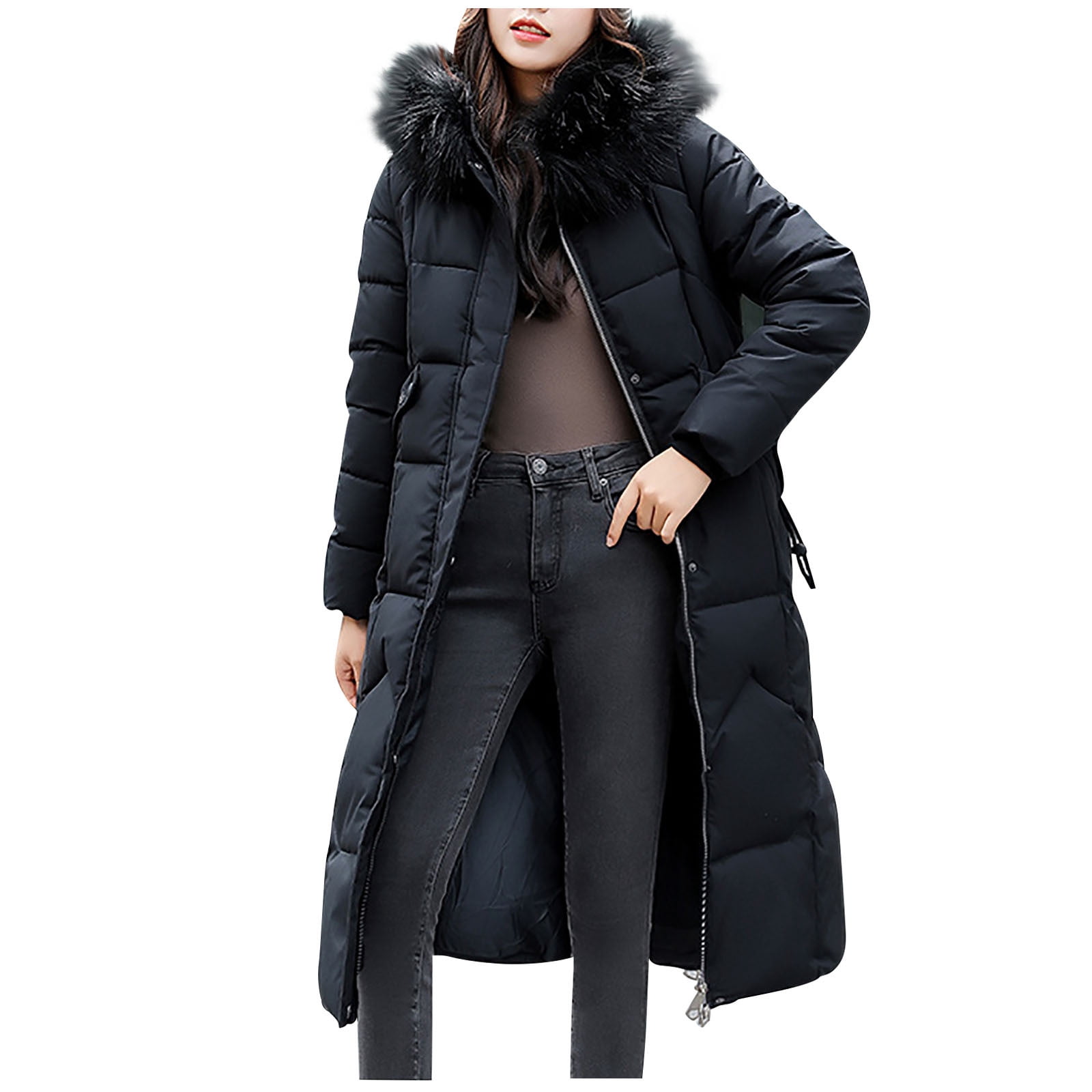 Black Puffer Jacket Women with Faux Fur Collar - Stylish Women's Winter Coats for Cold Weather