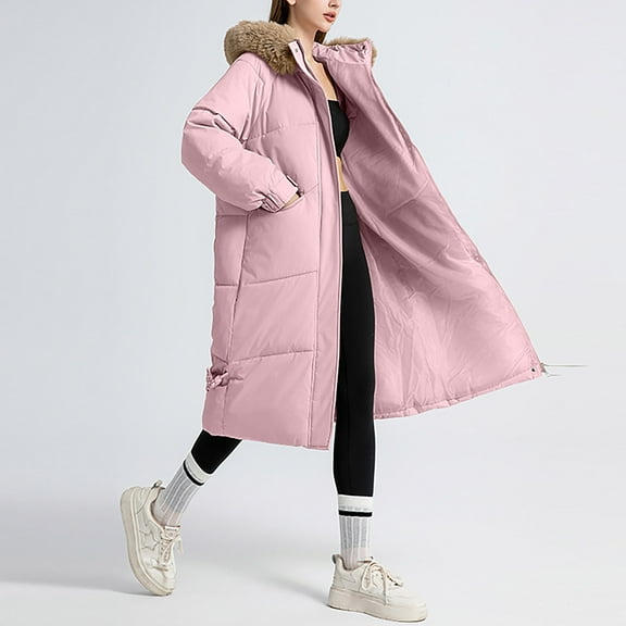 ClodeEU Women's Winter Mid Length Hooded Padded Coat, Oversized Warm Puffer Long Coats Jackets Pink,Womens Plus XXL