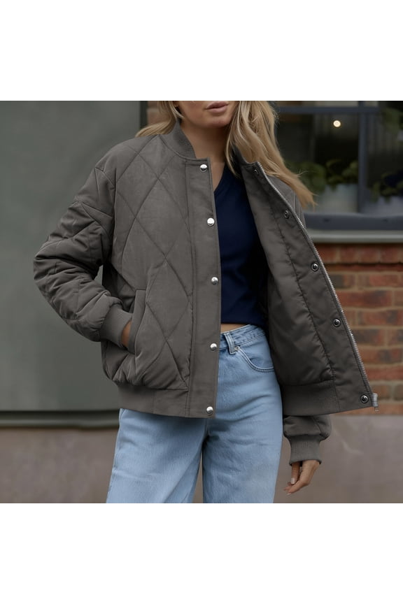 Women's Winter Quilted Bomber Jacket, Lightweight Loose Cropped Snap Button Coat With Pockets Dark Gray,Womens Plus XXL