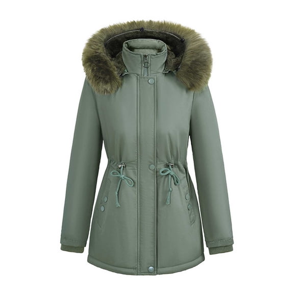 ClodeEU Women's Winter Thicken Fleece Waisted Jacket, Faux Fur Hooded Parka Coat ,Zip Up Winter Jacket Tops With Pockets Army Green,Womens Plus M