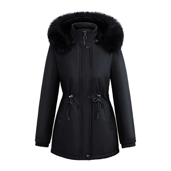 ClodeEU Women's Winter Thicken Fleece Waisted Jacket, Faux Fur Hooded Parka Coat ,Zip Up Winter Jacket Tops With Pockets Black,Womens Plus XL