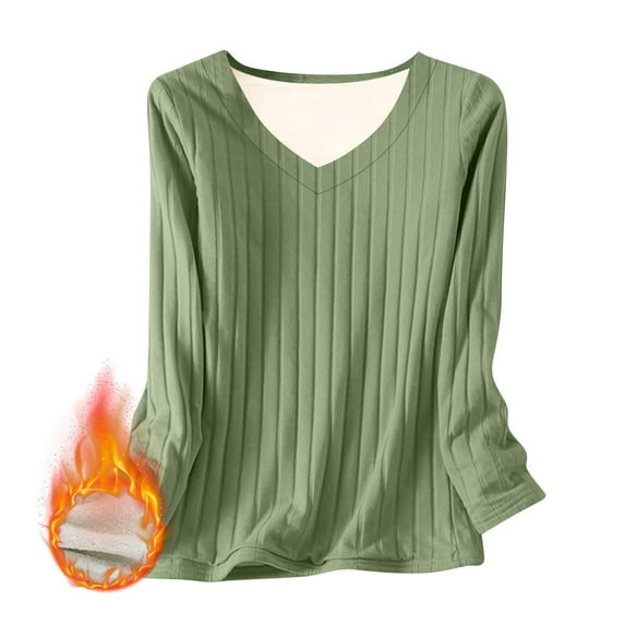ClodeEU Women's Winter Thickened Fleece Lined V Neck Long Sleeve Top,Loose Fit Blouses Mint Green,Womens Plus M