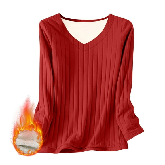 ClodeEU Women's Winter Thickened Fleece Lined V Neck Long Sleeve Top,Loose Fit Blouses Red,Womens Plus M