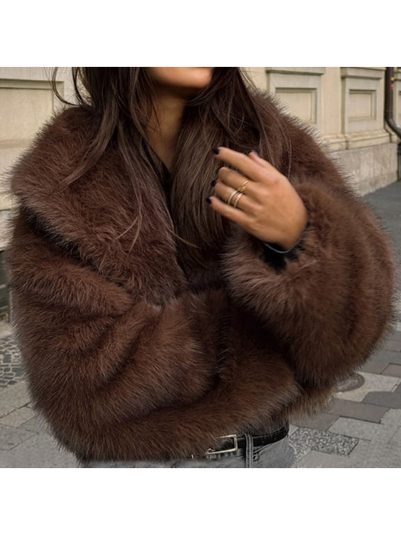 Women's Winter Warm Lapel Cropped Faux Fur Jacket, Long Sleeve Loose Casual Trendy Coat Brown,Womens Plus S