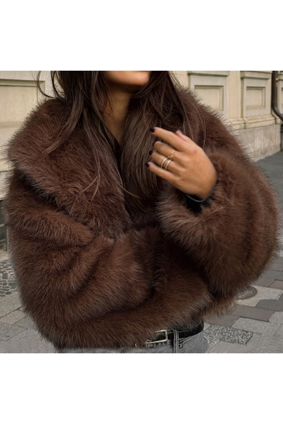 Women's Winter Warm Lapel Cropped Faux Fur Jacket, Long Sleeve Loose Casual Trendy Coat Brown,Womens Plus XXXL