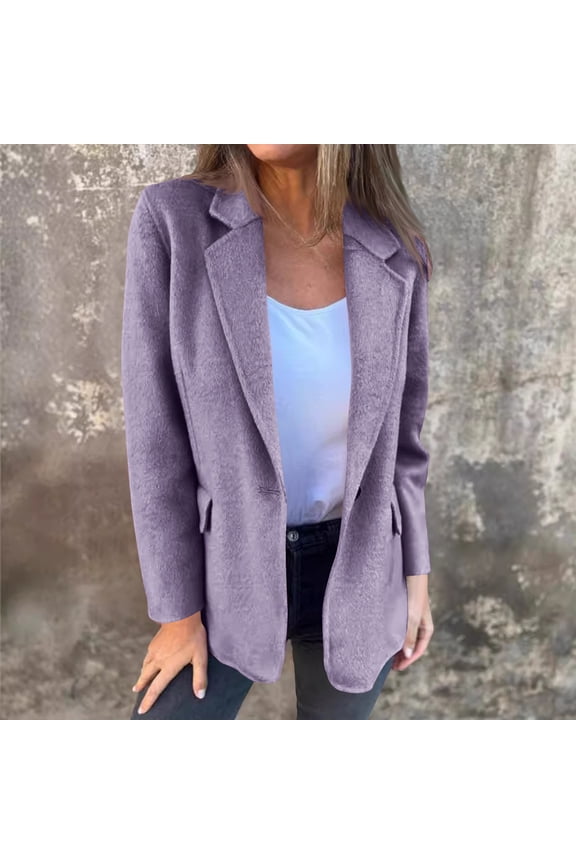 Women's Wool Blend Blazer Jacket With Pockets, Notched Lapel Button Business Work Office Blazers Jacket Purple,Womens Plus XXL