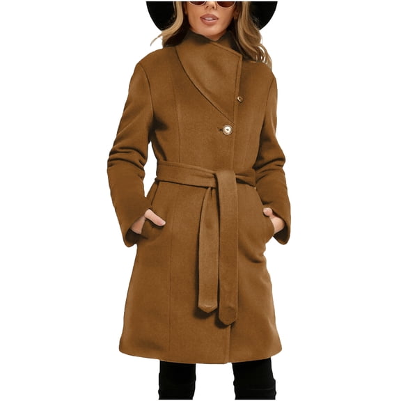 ClodeEU Women's Wool Blend Classic Stand Collar Pea Coat With Belt,Long Sleeve Winter Coat Coffee,Womens Plus XXL