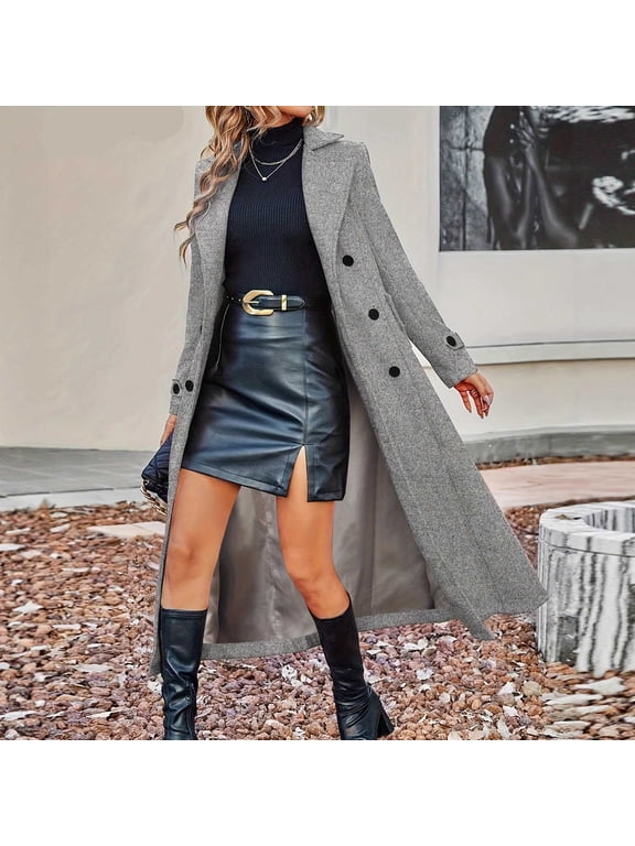 Women's Wool Blend Long Coat, Notched Lapel Double Breasted Pea Coat,Winter Slim Fit Trench Coat Gray,Womens Plus L