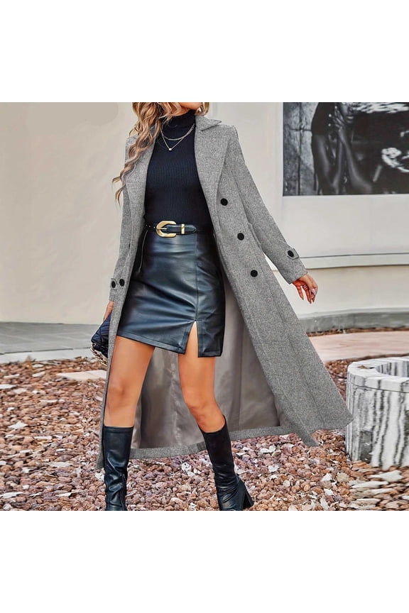 Women's Wool Blend Long Coat, Notched Lapel Double Breasted Pea Coat,Winter Slim Fit Trench Coat Gray,Womens Plus S