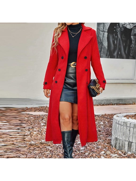Women's Wool Blend Long Coat, Notched Lapel Double Breasted Pea Coat,Winter Slim Fit Trench Coat Red,Womens Plus L
