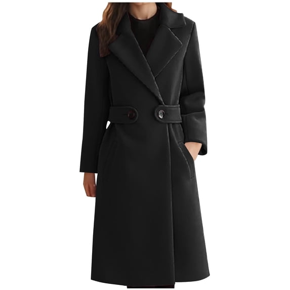 ClodeEU Women's Wool Blend Overcoat With Belt,Mid Length Notched Lapel Coat ,Elegant Fall Winter Long Overcoat With Pockets Black,Womens Plus XXXXL