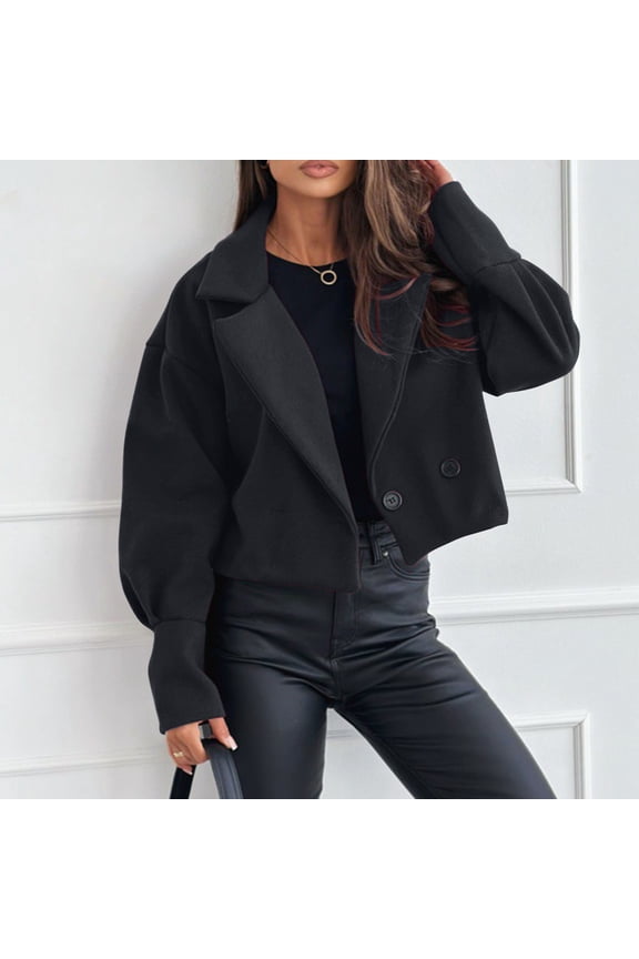 Women's Wool Blend Short Button Jacket,Lapel Collar Casual Jacket,Cropped Blazer Jacket Black,Womens Plus S