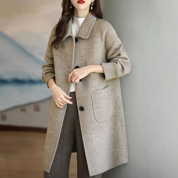 ClodeEU Women's Wool Trench Coat, Mid Long Lapel Button Up Overcoat With Two Pockets,Casual Trendy Coat Beige,Womens Plus XL