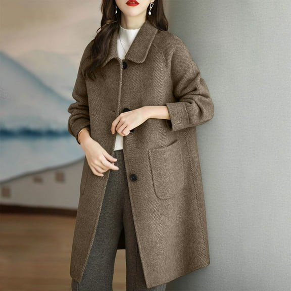 ClodeEU Women's Wool Trench Coat, Mid Long Lapel Button Up Overcoat With Two Pockets,Casual Trendy Coat Coffee,Womens Plus XL