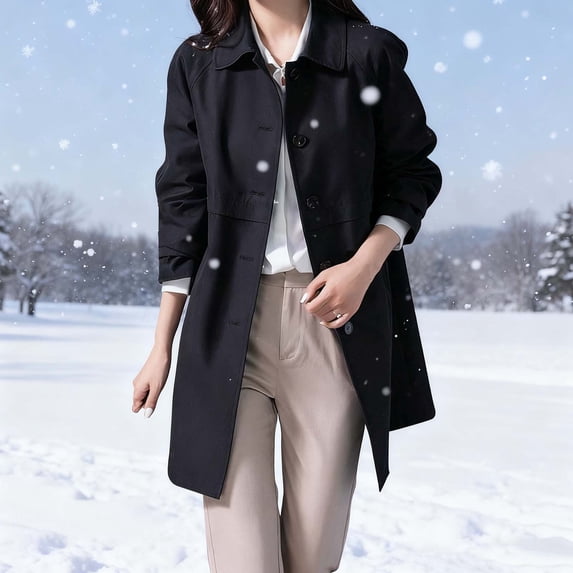 ClodeEU Women's Wool Trench Coat With Pockets, Lapel Button Up Coat,Winter Mid Long Overcoat Black,Womens Plus L