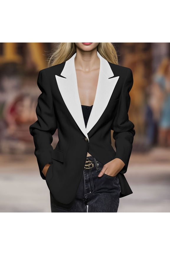 Women's Work Office Dressy Lapel Single Button Peplum Blazer ,Contrast Lapel Jacket Black,Womens Plus XXL