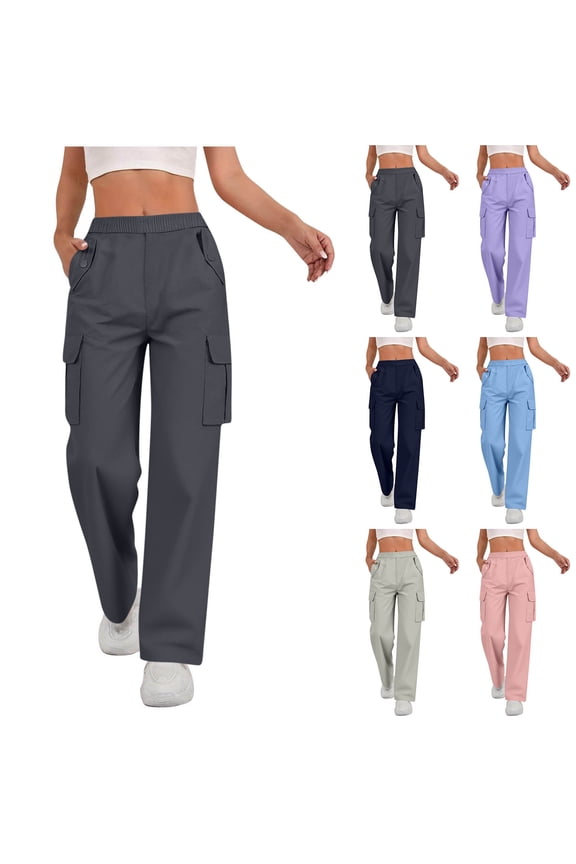 Women's Work Pants With Pockets,Relaxed Fit Straight Leg Cargo Casual Trousers with Multi Pockets Beige,Womens Plus L