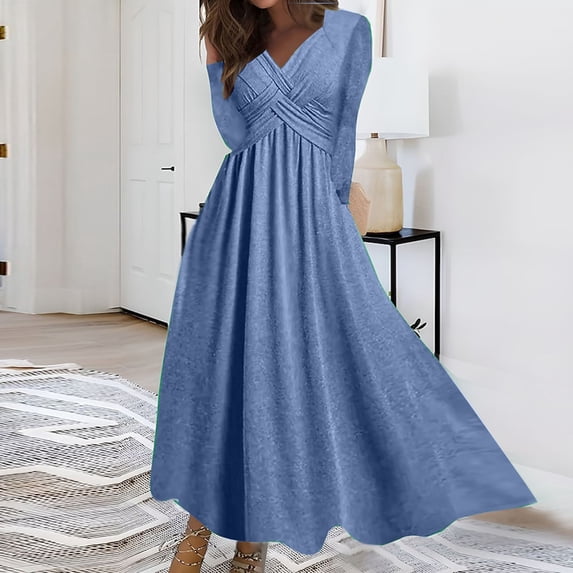 ClodeEU Women's Wrap V Neck Long Sleeves Maxi Dress,Casual Dress Loose Fall Winter Dresses with Pockets Blue,Womens Plus XL