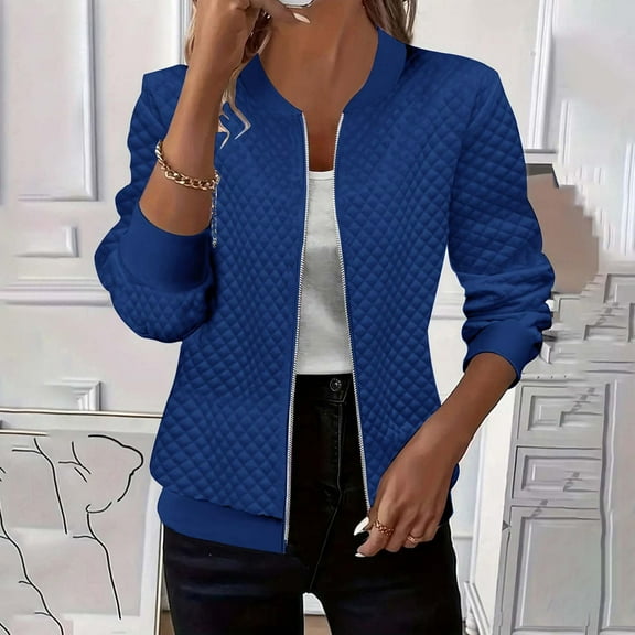 ClodeEU Women's Zip Up Jackets ,Long Sleeve Bomber Jacket ,Casual Outwear with Pockets Blue,Womens Plus S