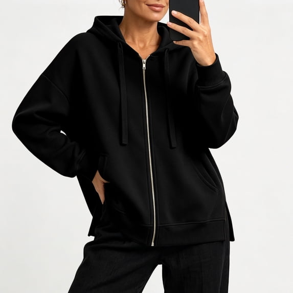 Binmer Women's Zip Up Long Sleeve Hoodie Jacket,Casual Loose Solid Hooded Sweatshirt Coat With Pockets ,L