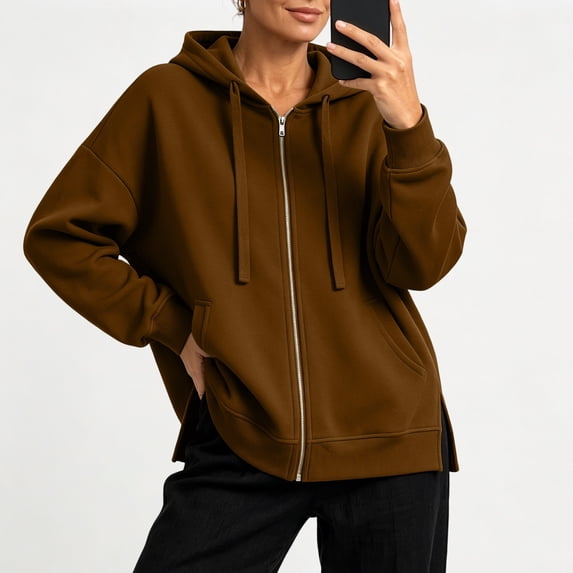 Binmer Women's Zip Up Long Sleeve Hoodie Jacket,Casual Loose Solid Hooded Sweatshirt Coat With Pockets ,S