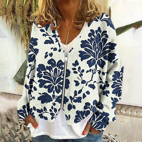 ClodeEU Women's Zip Up V Neck Cardigans Knit Sweaters ,Boho Printed Vintage Coats,Daily Wear Warm Vacation Travel Outfits Blue,Womens Plus L