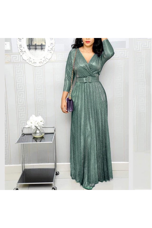 U Women'sSequin Formal Evening Gown Long Sleeve V Neck Wedding Guest Dress with Belt Green,Womens Plus L
