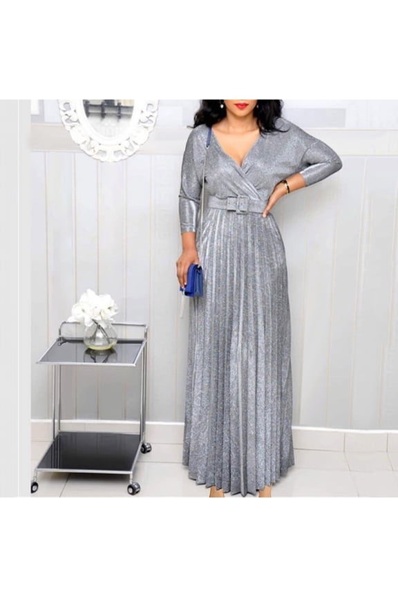 U Women'sSequin Formal Evening Gown Long Sleeve V Neck Wedding Guest Dress with Belt Silver,Womens Plus XXXL