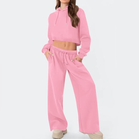 ClodeEU Womens 2 Piece ,Hooded Crop Sweatshirts Sets Matching Wide Leg Athletic Pants With Pockets Drawstring Pink,Womens Plus S
