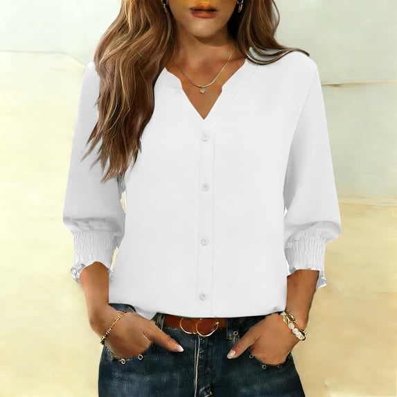 ClodeEU Womens 3/4 Length Sleeve Tops, V Neck Dressy Casual T Shirts ,Pleated Business Work Blouses Basic Tees White,Womens Plus M
