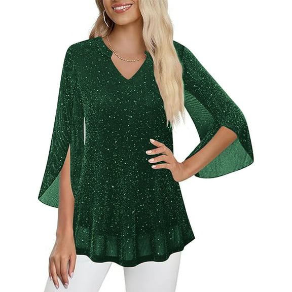 ClodeEU Womens 3/4 Ruffle Sleeve Sparkly Shirts ,Casual Fall Double Layers V Neck Blouses Army Green,Womens Plus M
