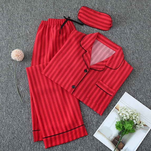 ClodeEU Womens 3-Piece Striped Pajamas Set,Long Sleeve Tops Long Pant and Sleep Mask Red,Womens Plus L