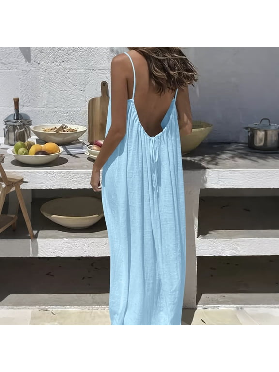 Womens Backless Slip Maxi Dress,Oversized Loose Plain Summer Sleeveless Long Maxi Dress Light Blue,Womens Plus L