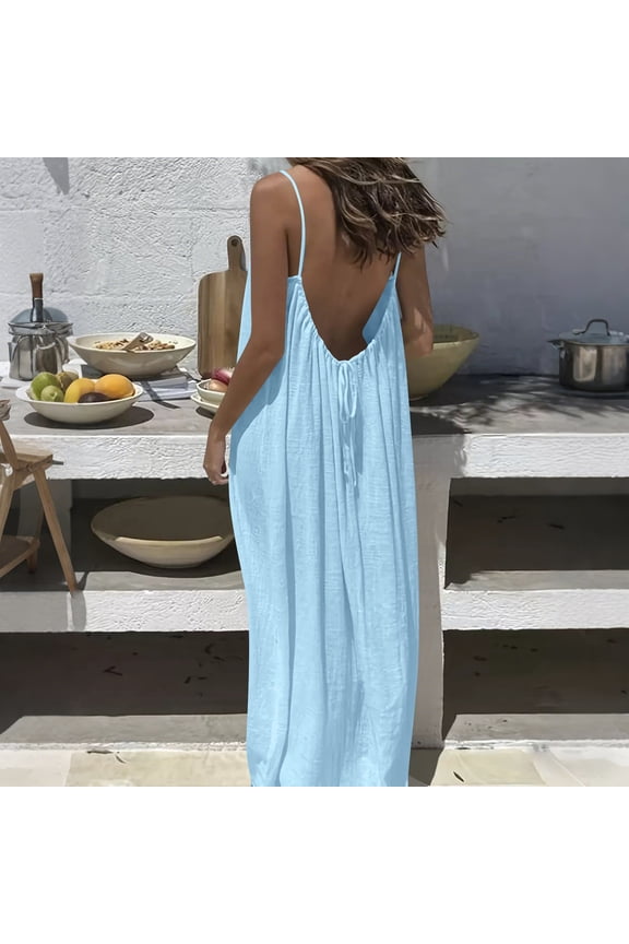 U Womens Backless Slip Maxi Dress,Oversized Loose Plain Summer Sleeveless Long Maxi Dress Light Blue,Womens Plus M