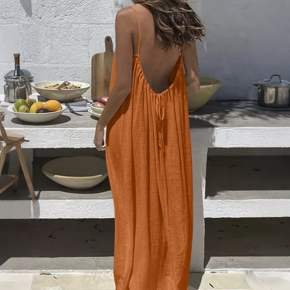 ClodeEU Womens Backless Slip Maxi Dress,Oversized Loose Plain Summer Sleeveless Long Maxi Dress Orange,Womens Plus L