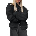thumbnail image 1 of ClodeEU Womens Bomber Jacket,Button Down Jackets with Pockets,Fall Stand Collar Loose Coat Tops Black,Womens Plus M, 1 of 5