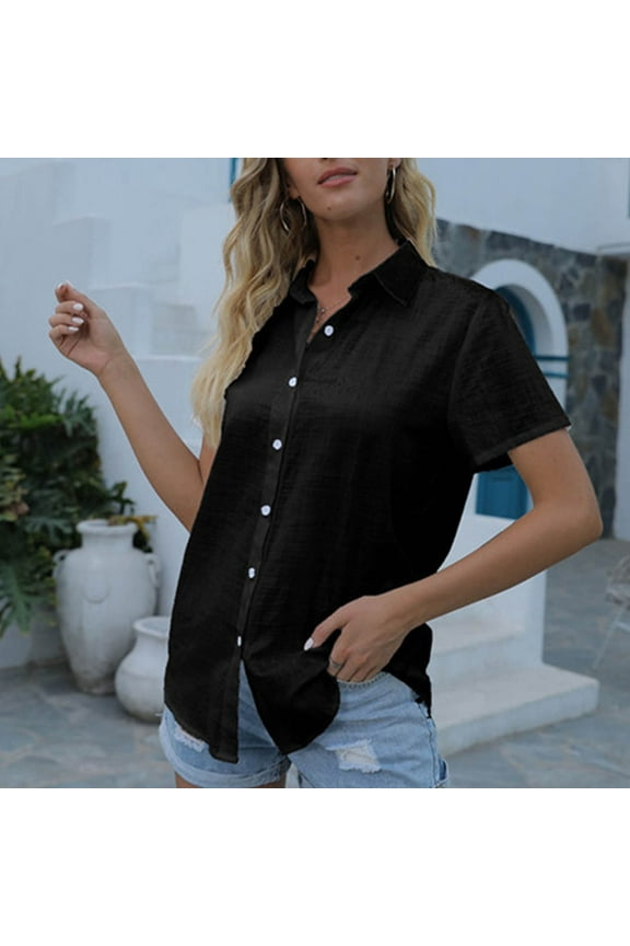 Womens Button Down Shirt,Short Sleeve Shirts ,Casual r Loose Fit Blouse Top Black,Womens Plus XXXL