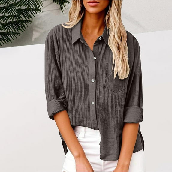 ClodeEU Womens Button Down Shirts,Casual Long Sleeve Blouses,Textured Collared Work Tops with Pocket Gray,Womens Plus L