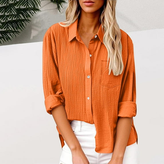 ClodeEU Womens Button Down Shirts,Casual Long Sleeve Blouses,Textured Collared Work Tops with Pocket Orange,Womens Plus S