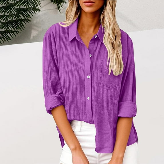 ClodeEU Womens Button Down Shirts,Casual Long Sleeve Blouses,Textured Collared Work Tops with Pocket Purple,Womens Plus XL