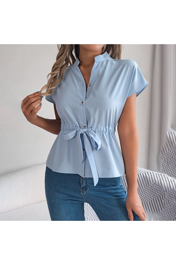 Womens Button Short Sleeve Shirt with Waist Drawstring,Casual Solid Chiffon Work Blouse Blue,Womens Plus L