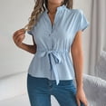 thumbnail image 1 of ClodeEU Womens Button Short Sleeve Shirt with Waist Drawstring,Casual Solid Chiffon Work Blouse Blue,Womens Plus M, 1 of 9