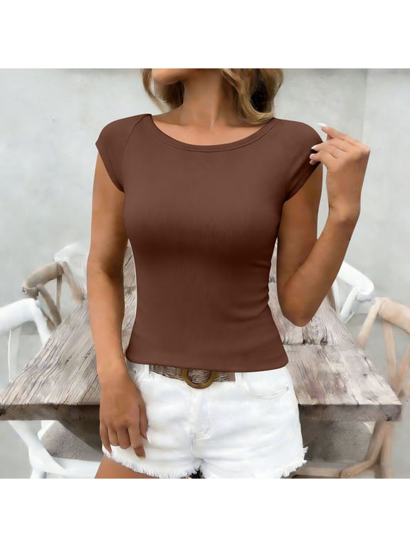 Womens Cap Sleeve Crew Neck Ribbed Knit T Shirt ,Summer Casual Slim Fit Basic Tees Coffee,Womens Plus M